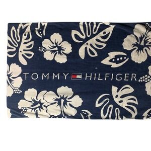 Tommy Hilfiger Beach Towel Navy White Floral Hibiscus Cotton 34x60 Logo Flaw